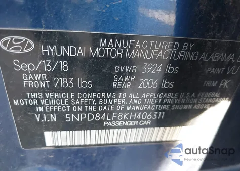 2019 Hyundai Elantra Sel z USA, uszkodzony, nr VIN 5NPD84LF8KH406311